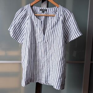 J.Crew 100% Linen Flutter-sleeve V-neck Top In White With Blue Stripes - S